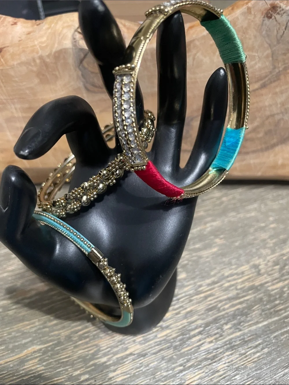 Gold Tone Multi-Color Bangle Set with Turquoise and Red Accents